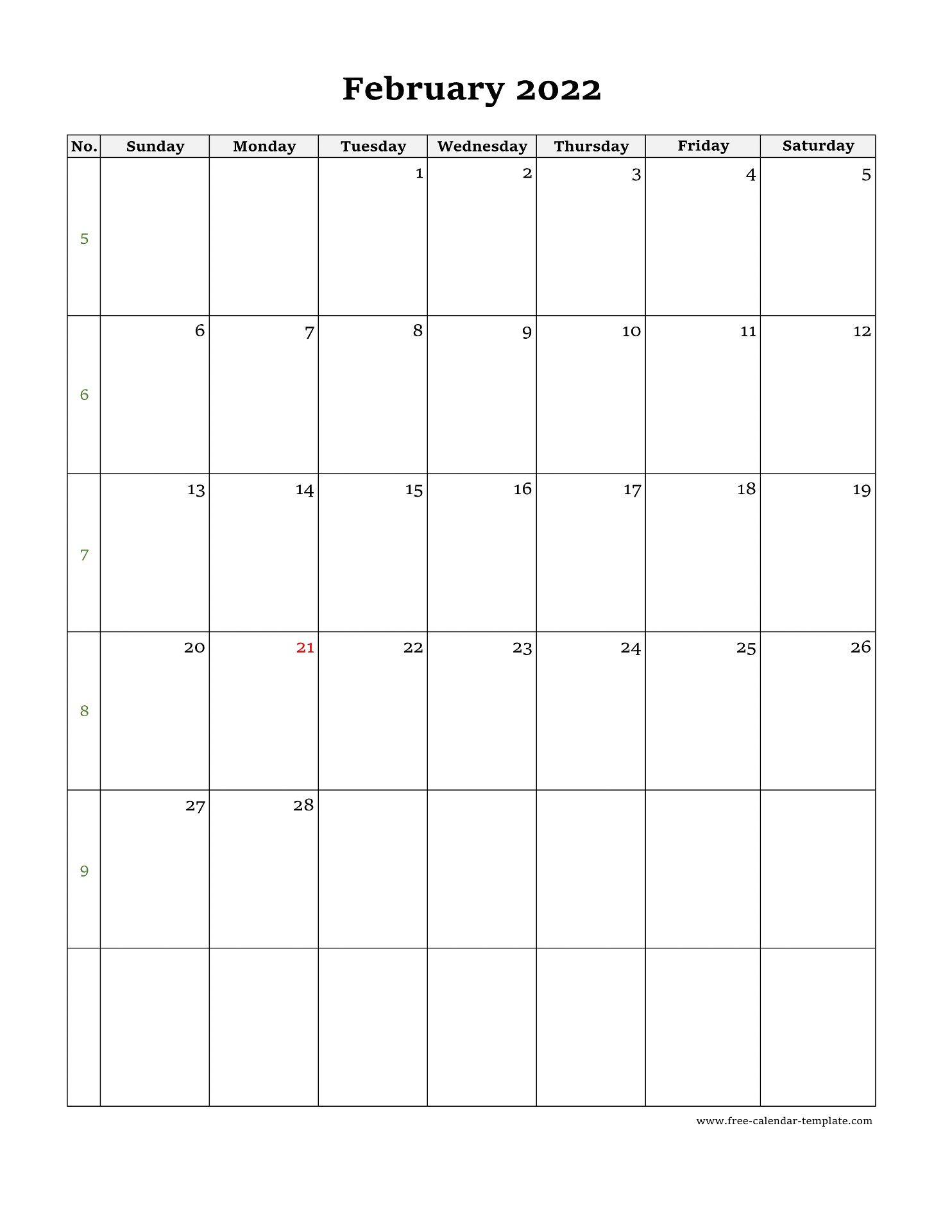 February 2022 Calendar Vertical February Calendar 2022 Simple Design With Large Box On Each Day For Notes.  | Free-Calendar-Template.com