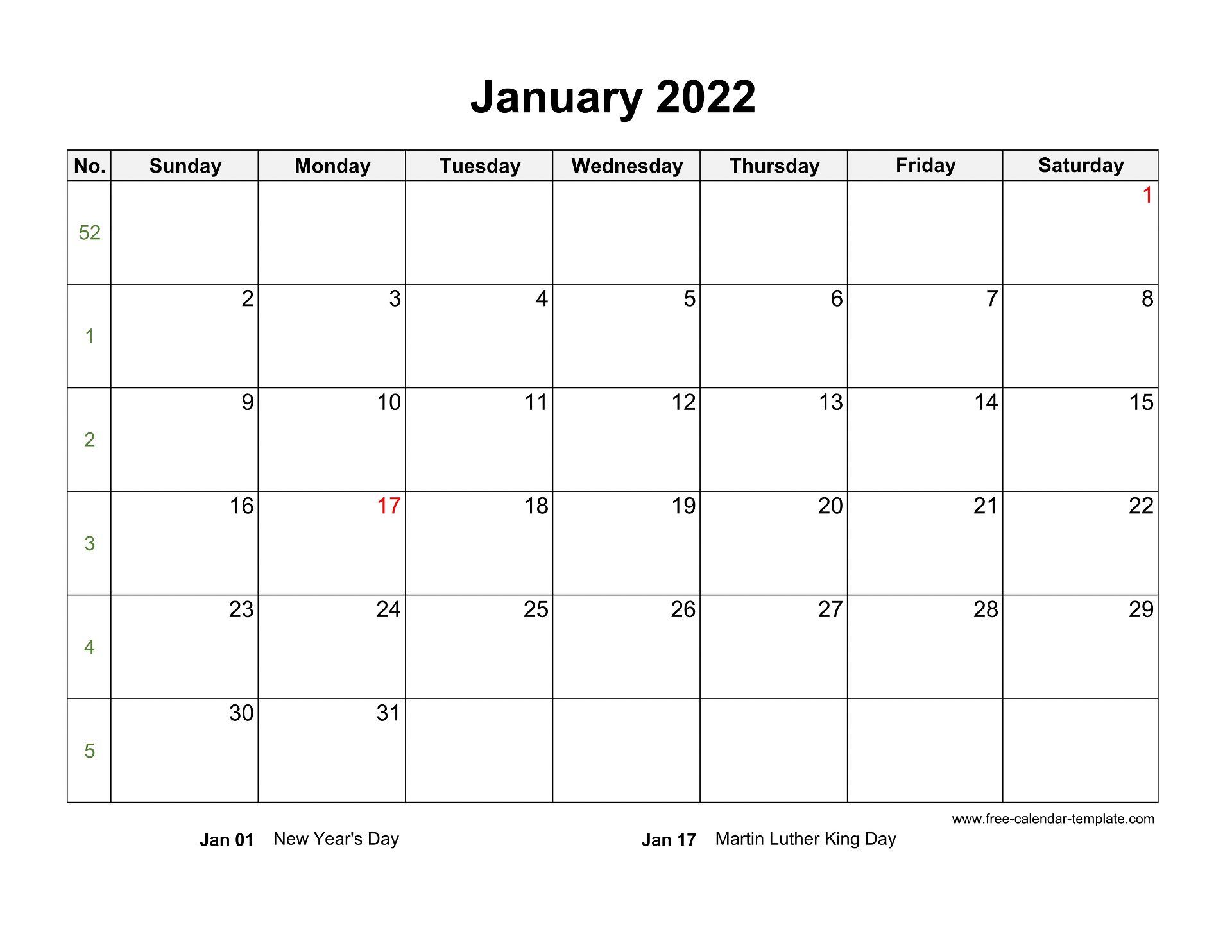 Free 2022 Calendar Blank January Template (horizontal) Freecalendar