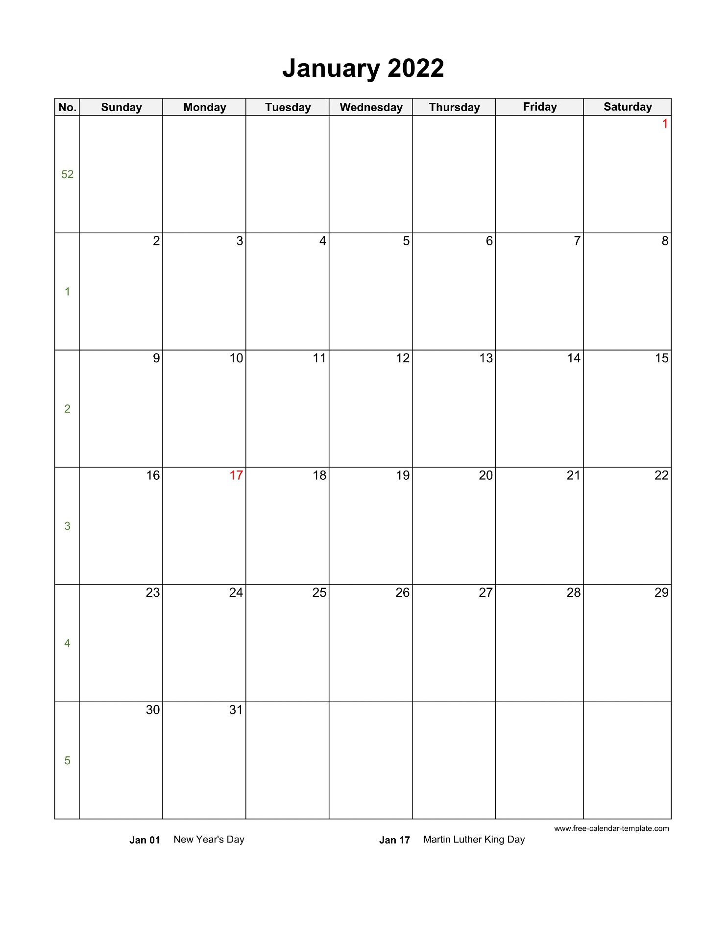 2022 January Calendar Blank Vertical Template Free Calendar