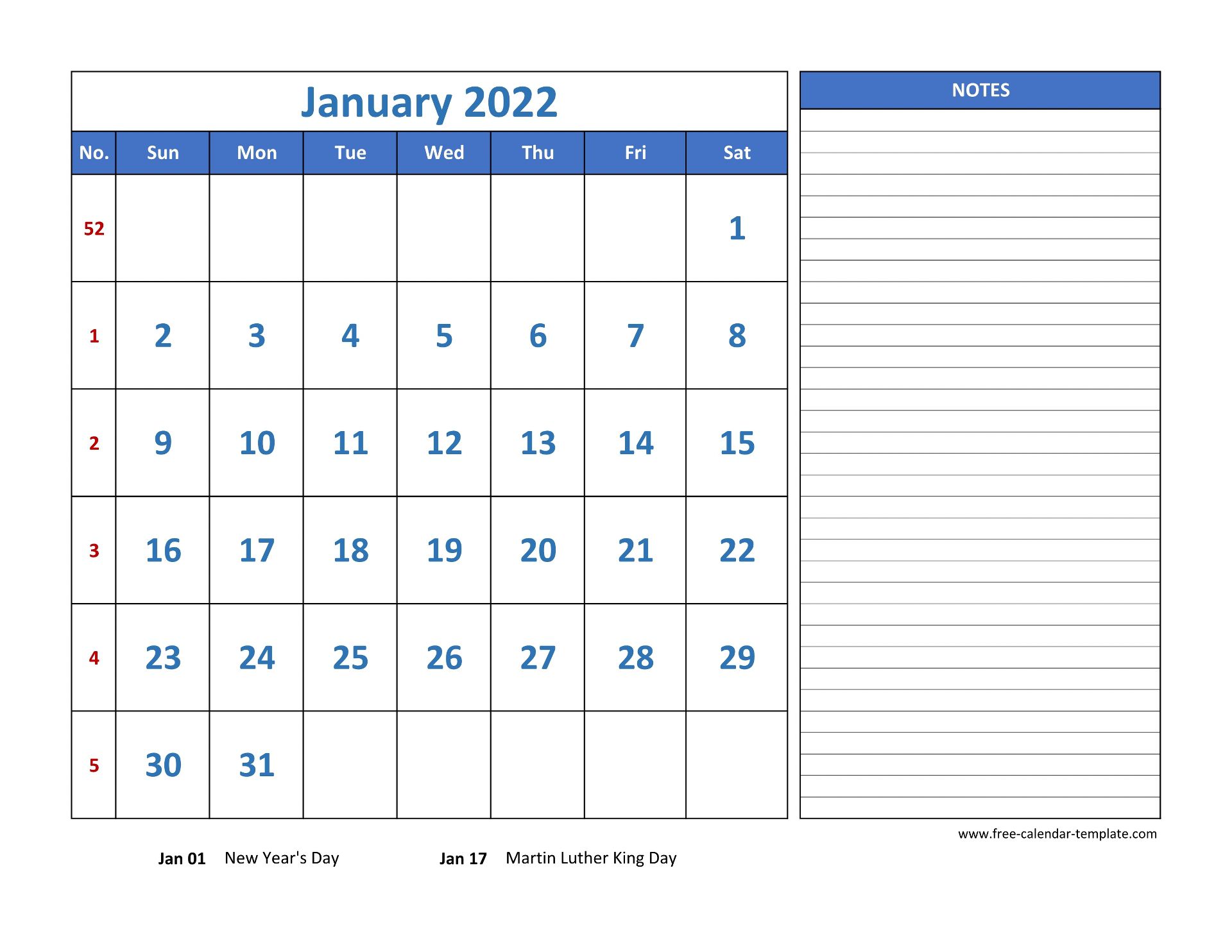 january calendar 2022 grid lines for holidays and notes horizontal