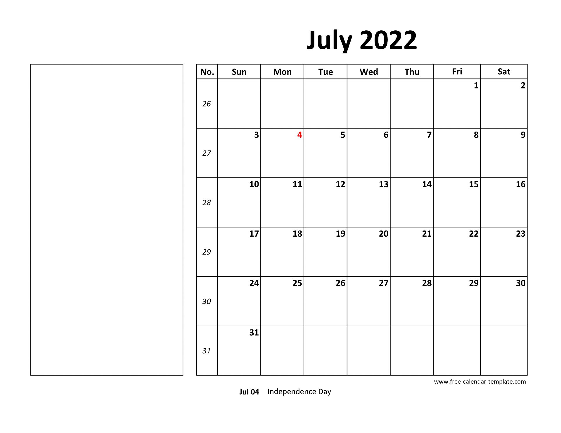 printable july 2022 calendar box and lines for notes