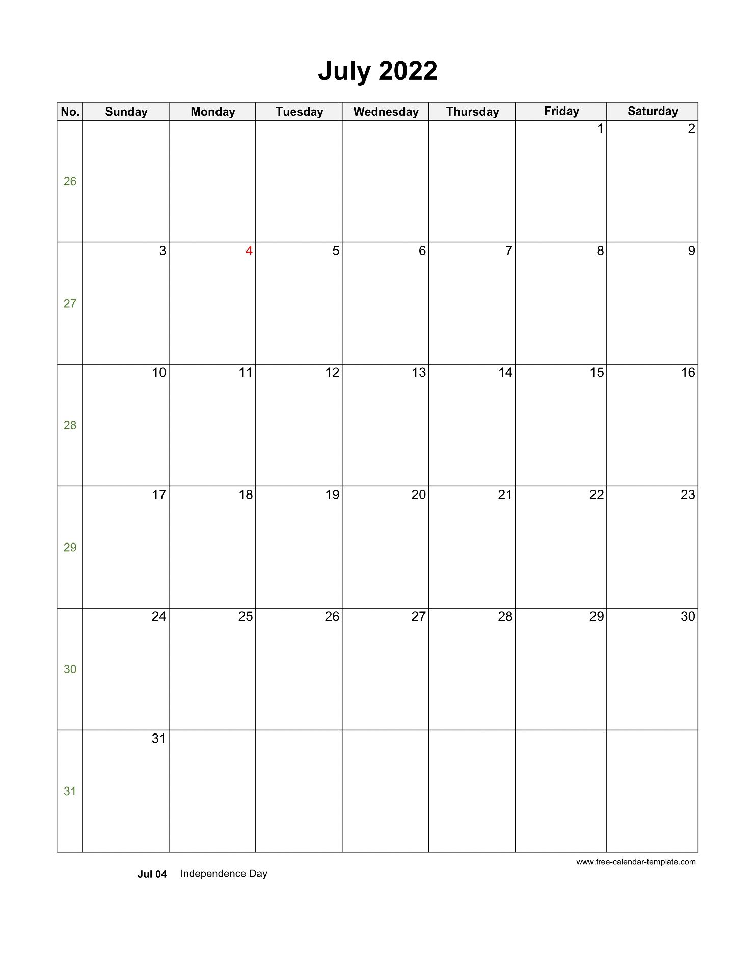 Blank Calendar Template July 2022 - Customize and Print