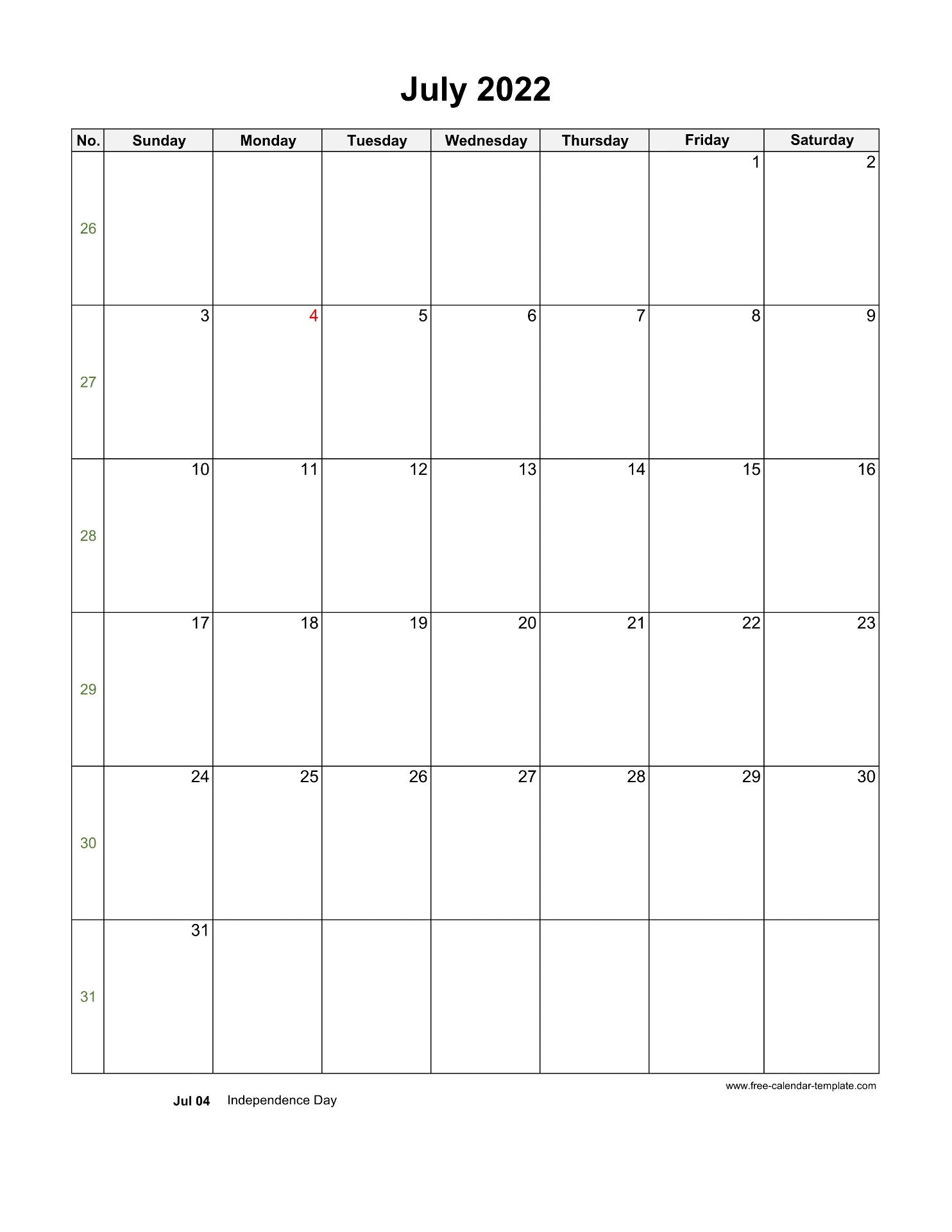 2022 July Calendar Blank Vertical Template Free Calendar