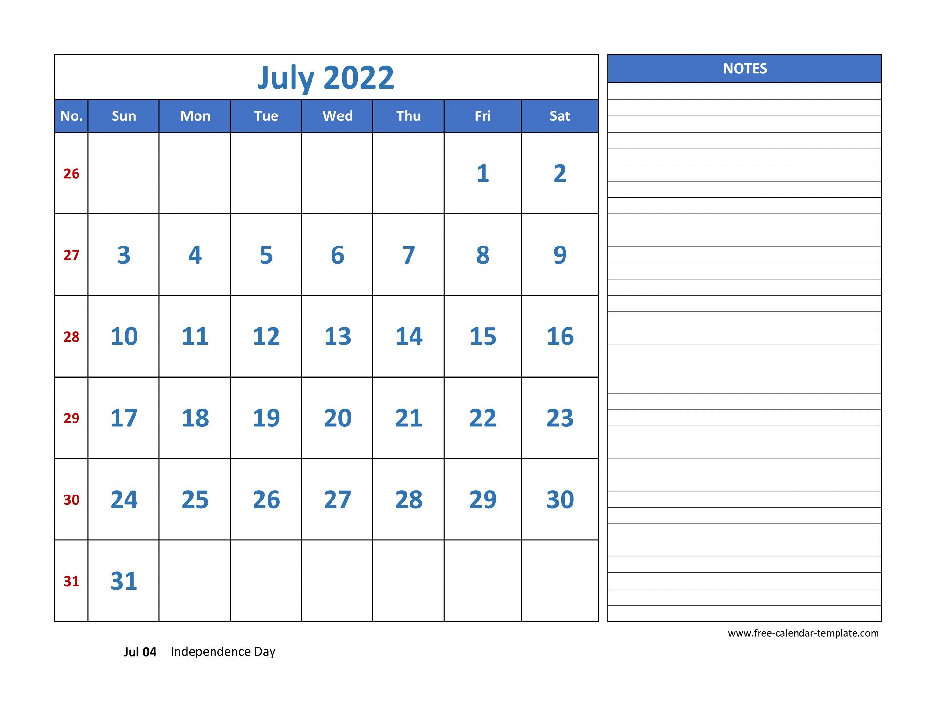 July Calendar 2022 Grid Lines For Holidays And Notes Horizontal