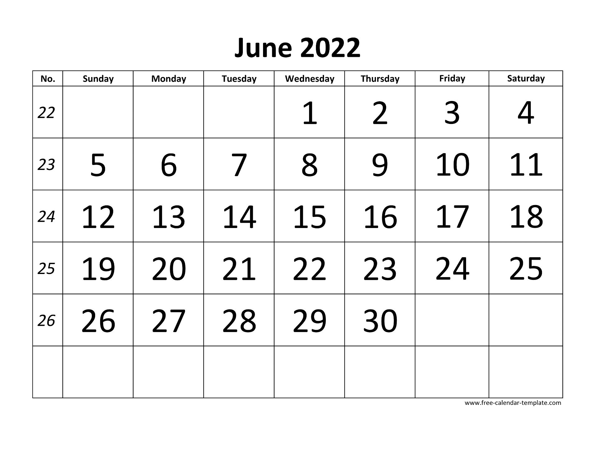 June 2022 Free Calendar Tempplate