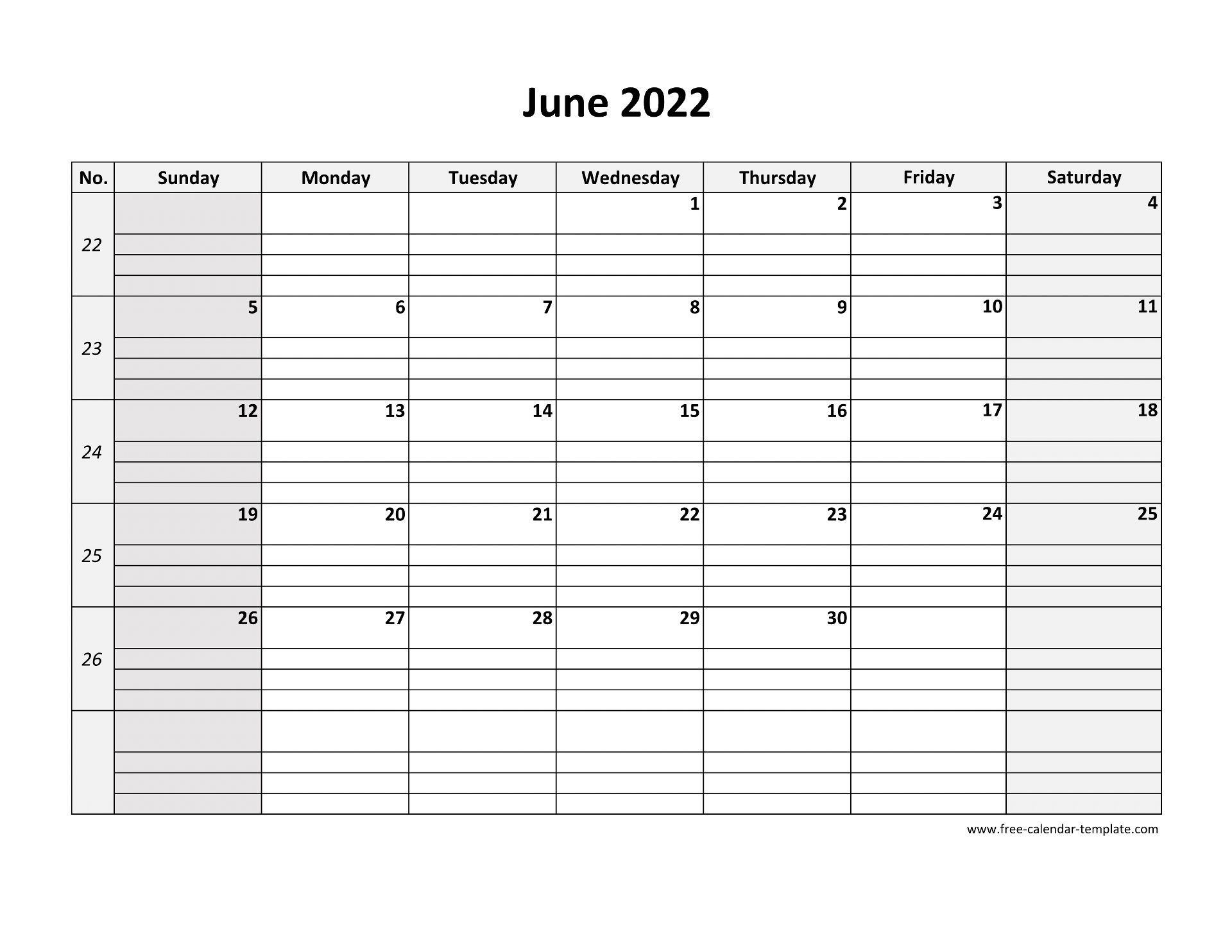 June 2022 Calendar Free Printable with grid lines designed (horizontal