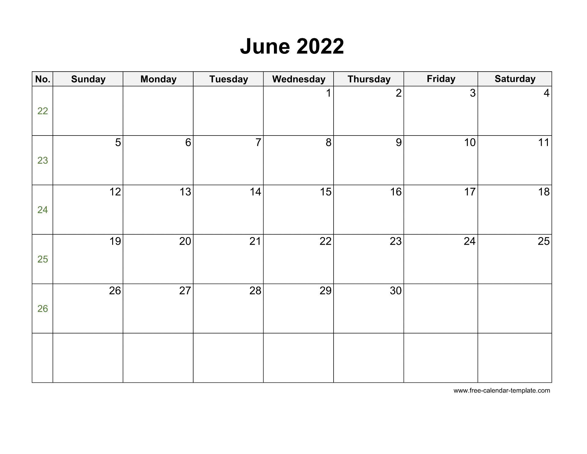 free 2022 calendar blank june template horizontal free calendar
