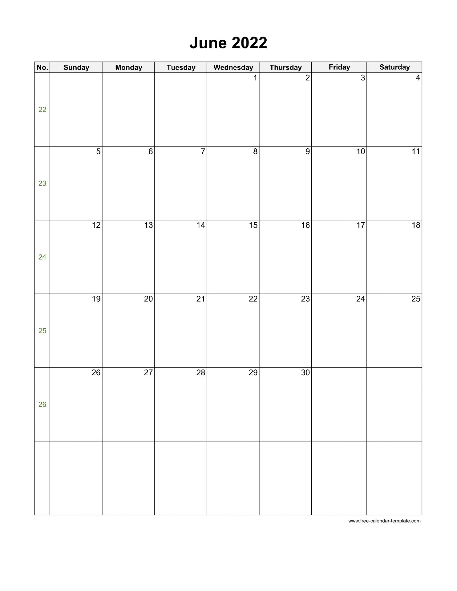 2022 June Calendar Blank Vertical Template Free Calendar