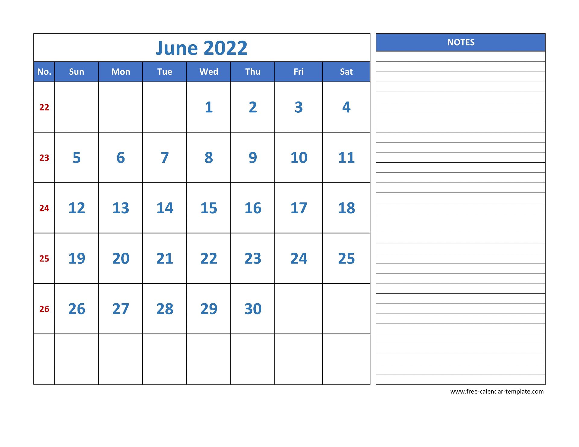 June Calendar 2022 grid lines for holidays and notes (horizontal