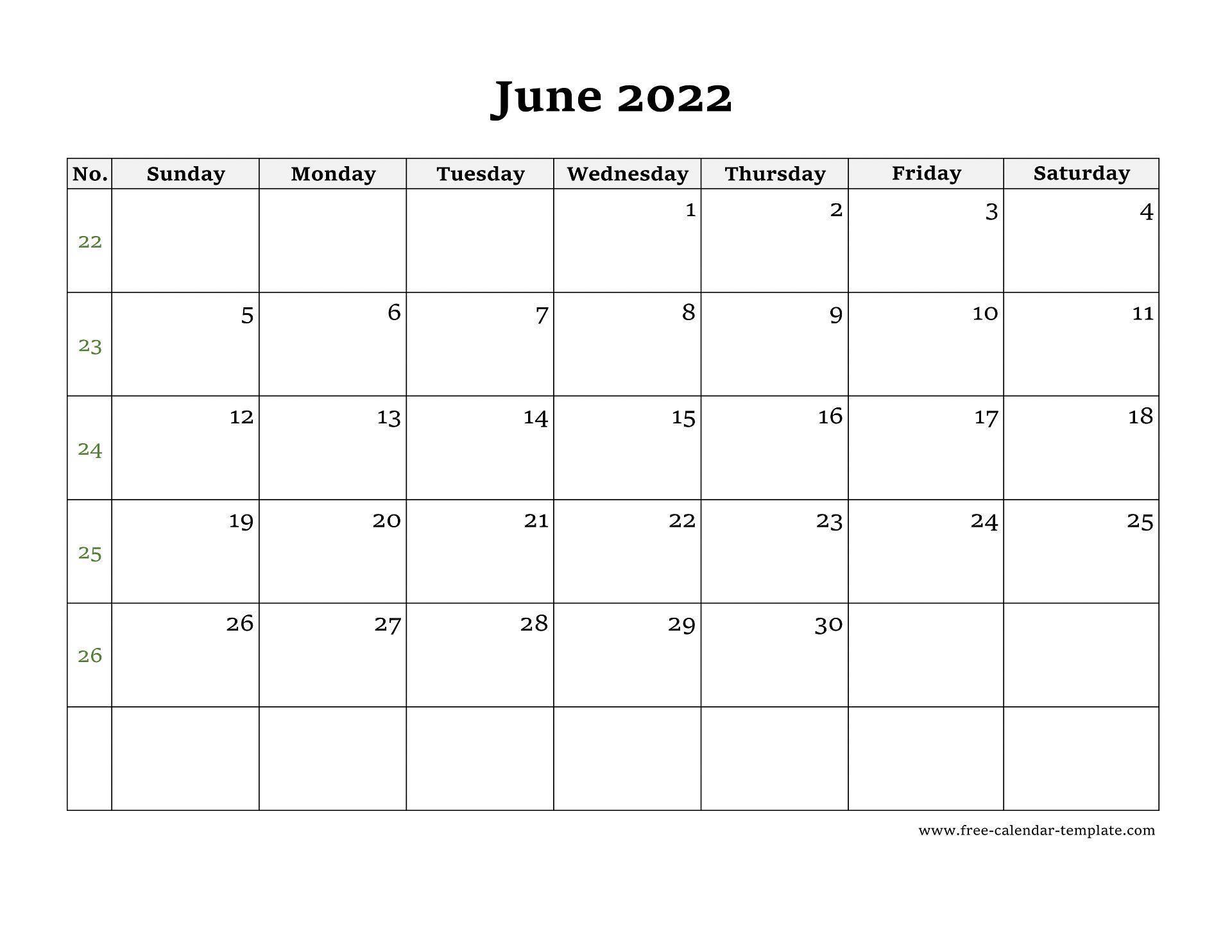 Simple June Calendar 2022 large box on each day for notes. Free