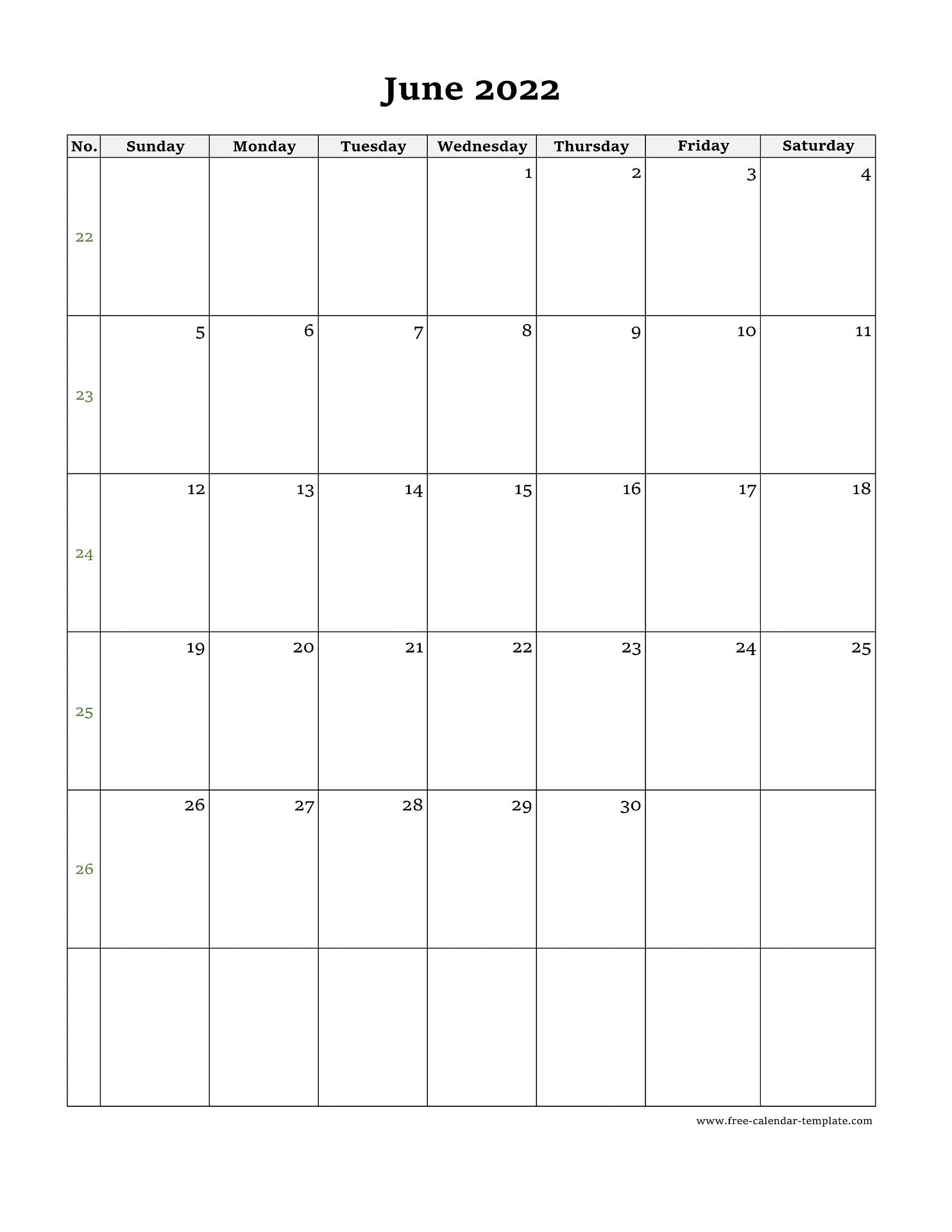 June Calendar 2022 Simple Design With Large Box On Each Day For Notes 