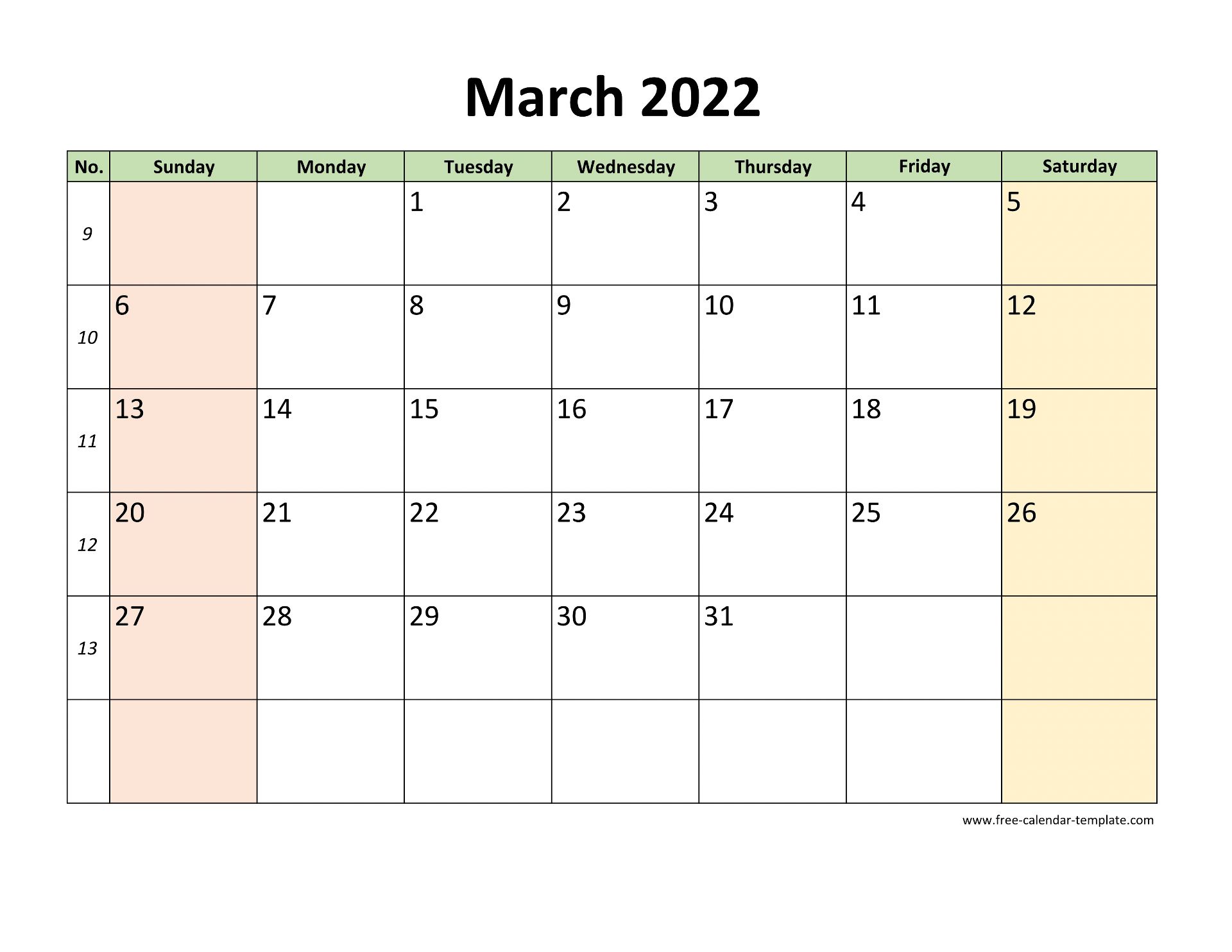 March 2022 Calendar Printable with coloring on weekend (horizontal