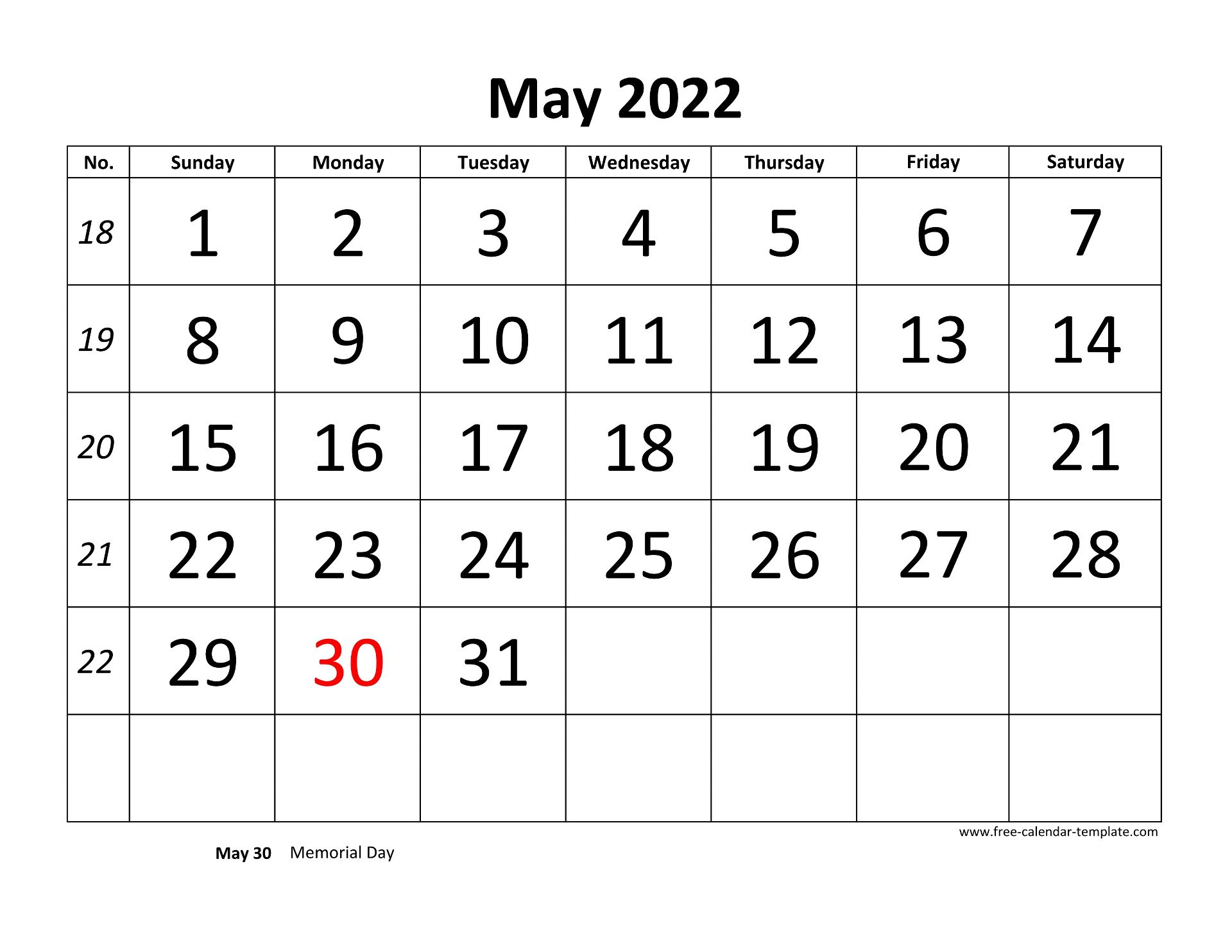 May 2022 Calendar Designed With Large Font horizontal Free calendar 