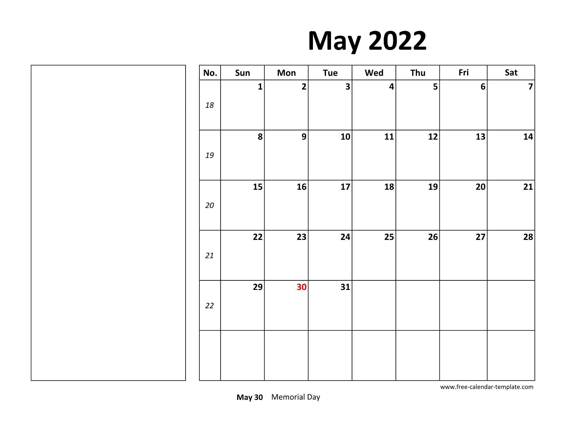 Printable May 2022 Calendar (box and lines for notes) | Free-calendar ...