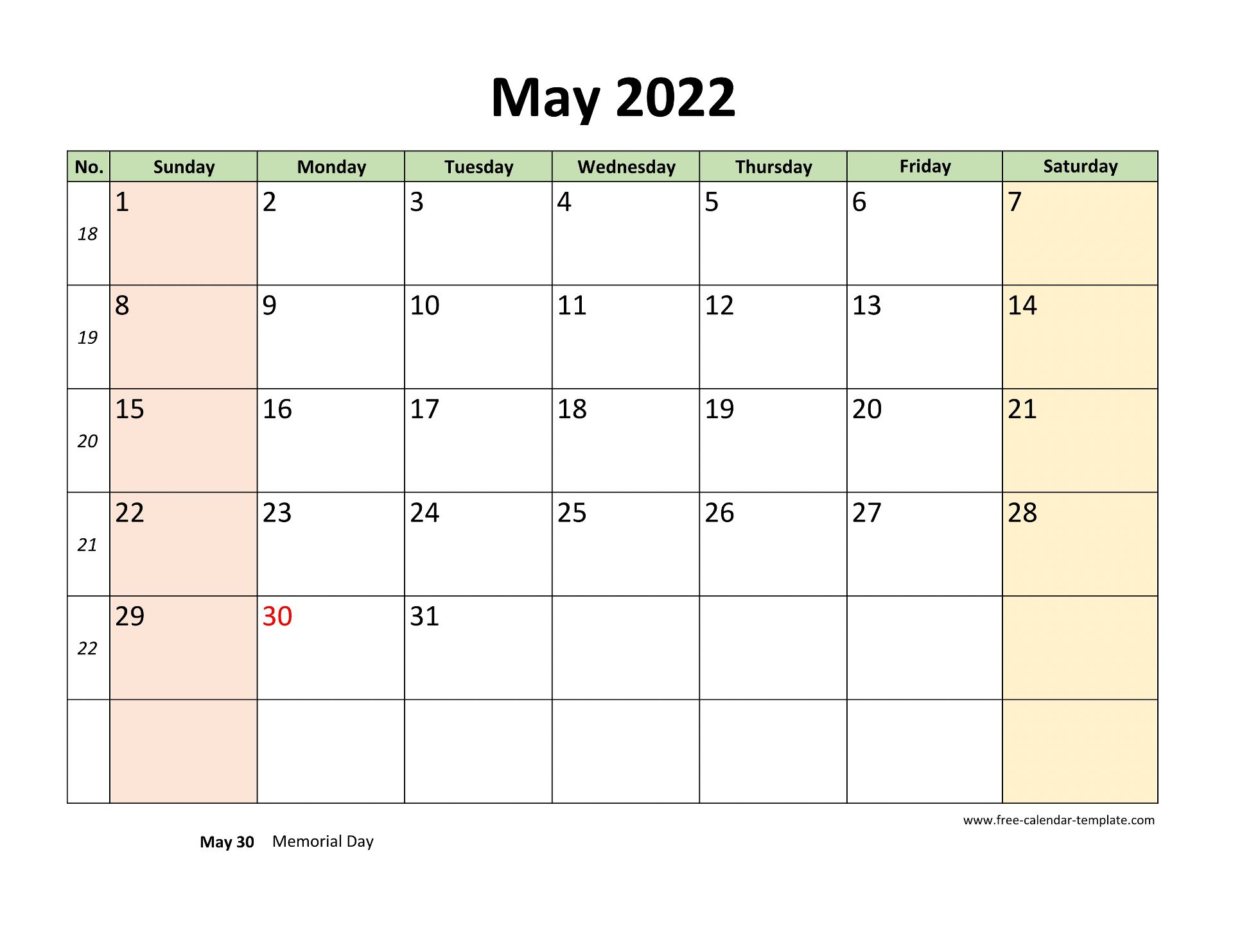 May 2022 Calendar Printable With Coloring On Weekend Horizontal