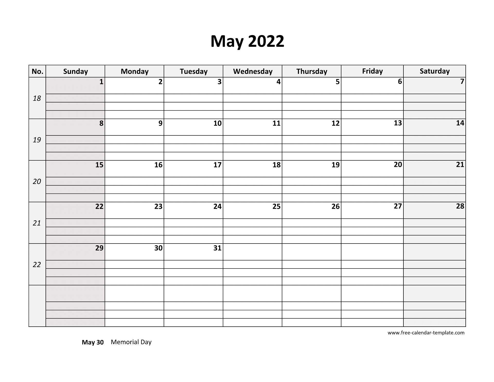 May 2022 Calendar Free Printable with grid lines designed (horizontal