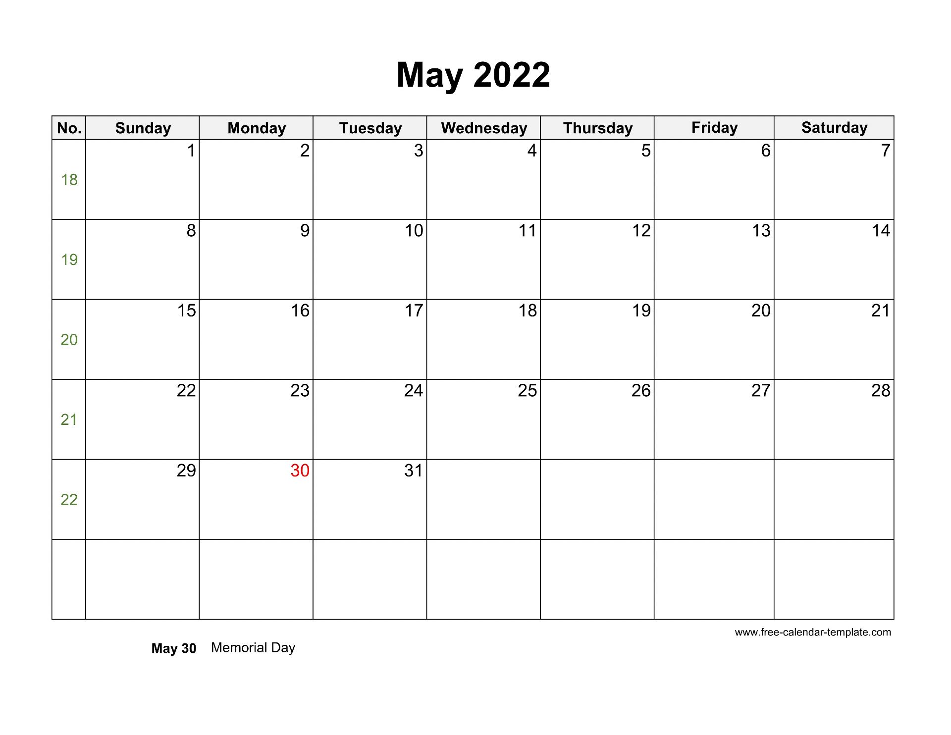 Free 2022 Calendar Blank May Template Horizontal Free Calendar Template Com