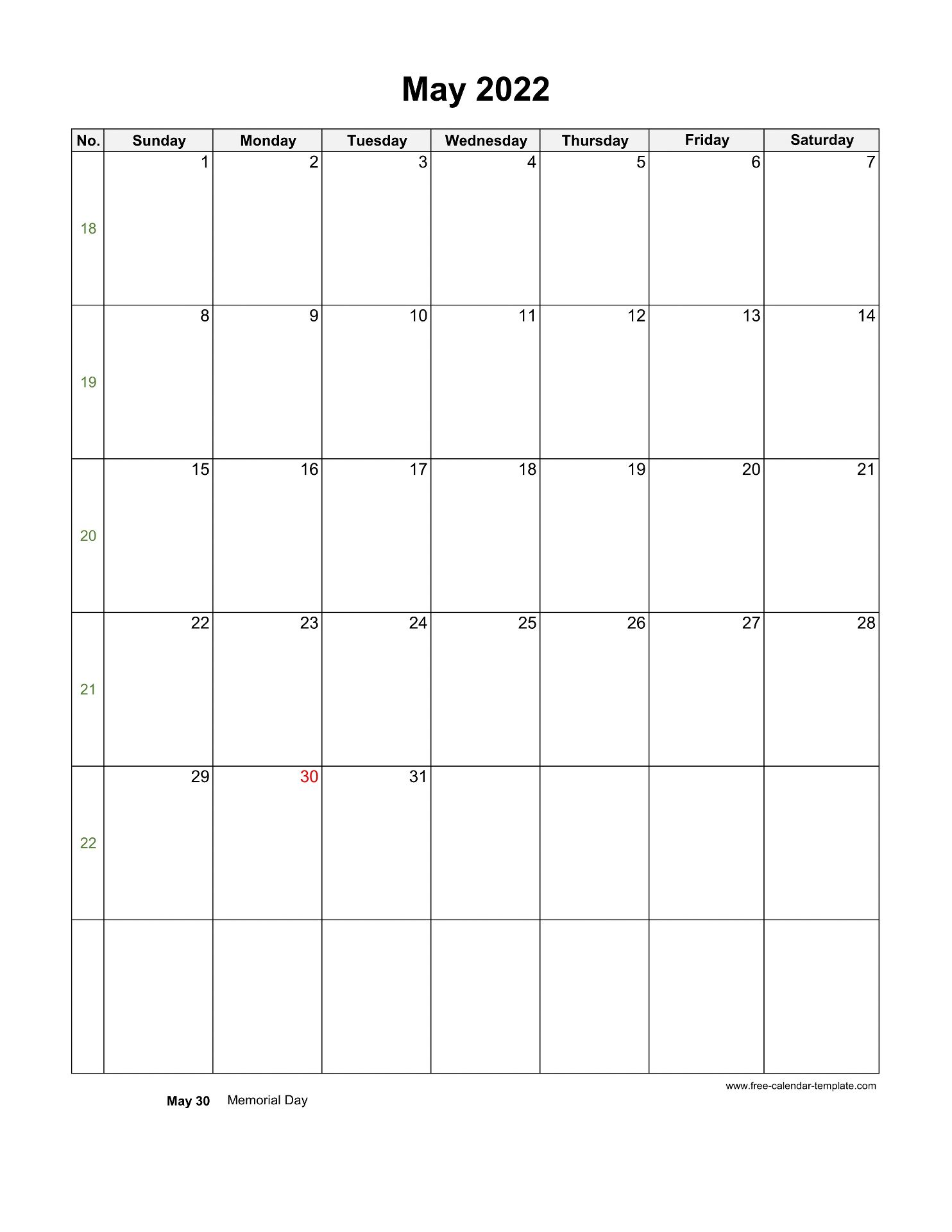 2022 May Calendar Blank Vertical Template Free Calendar