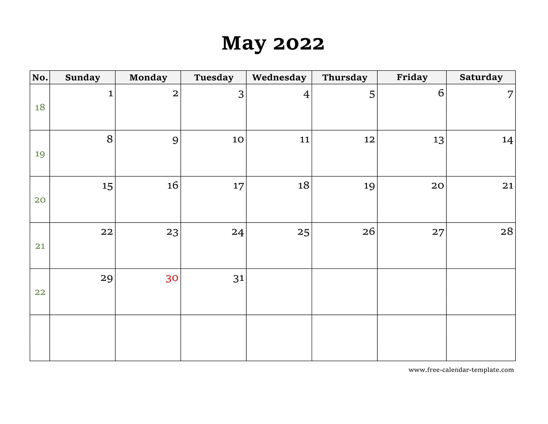 simple may calendar 2022 large box on each day for notes
