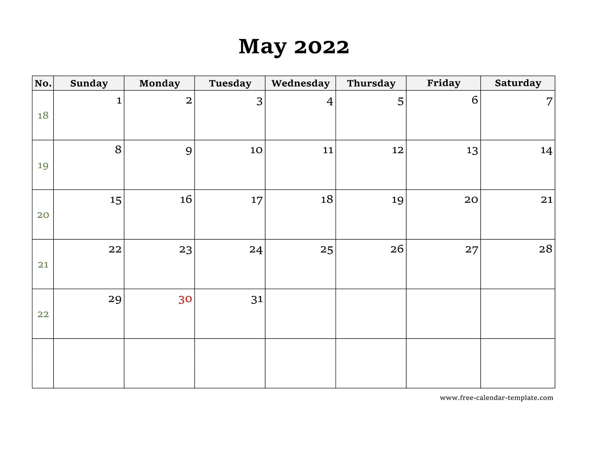 Simple May Calendar 2022 Large Box On Each Day For Notes Free 