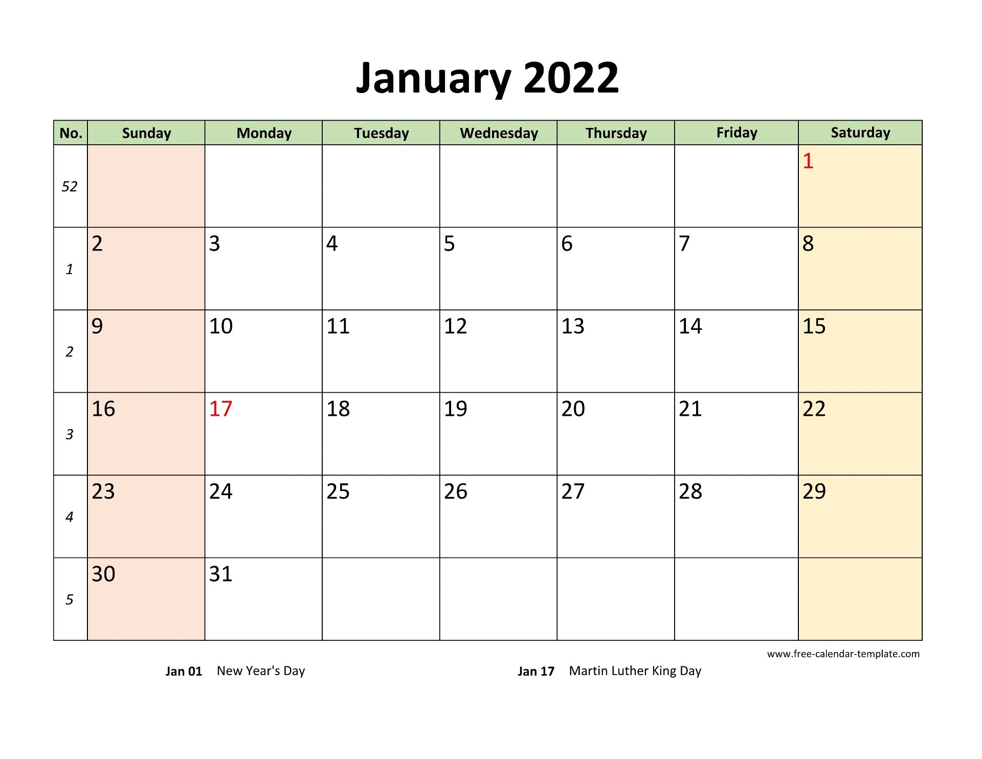 monthly 2022 calendar printable with coloring on weekend horizontal