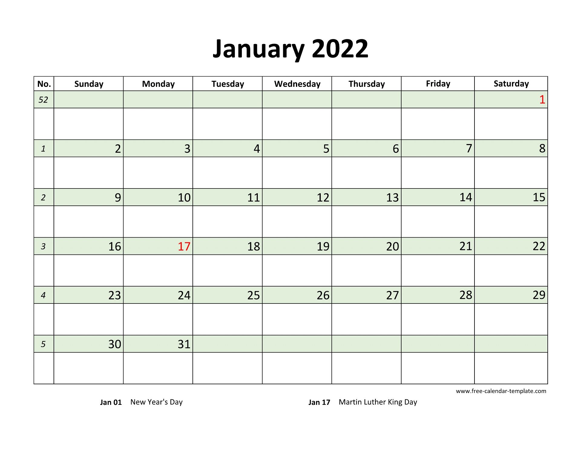 Free Monthly 2022 Calendar, coloring on each day (horizontal) Free