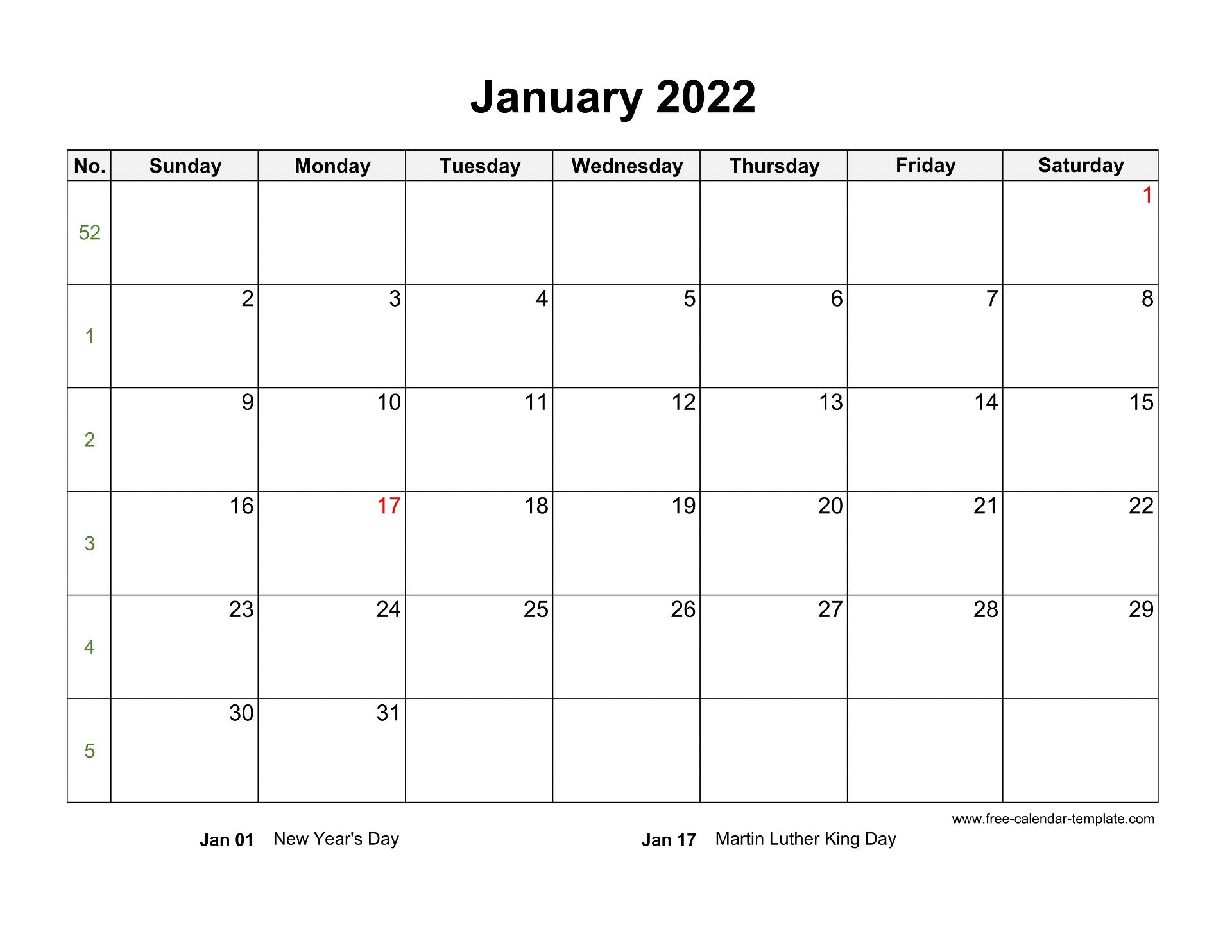 Free 2022 Calendar Blank Monthly Template Horizontal Free Calendar Template Com