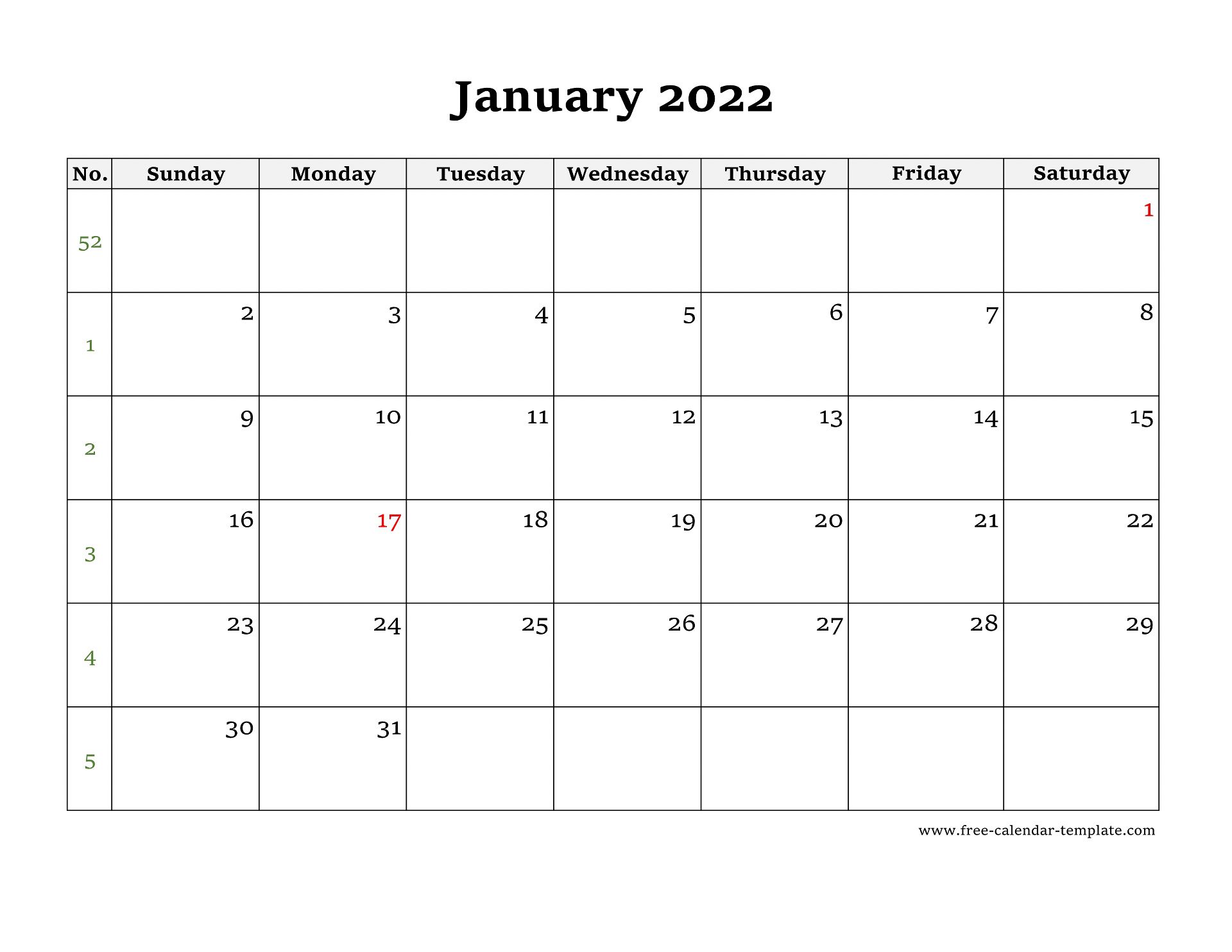 Simple Monthly Calendar 2022 large box on each day for