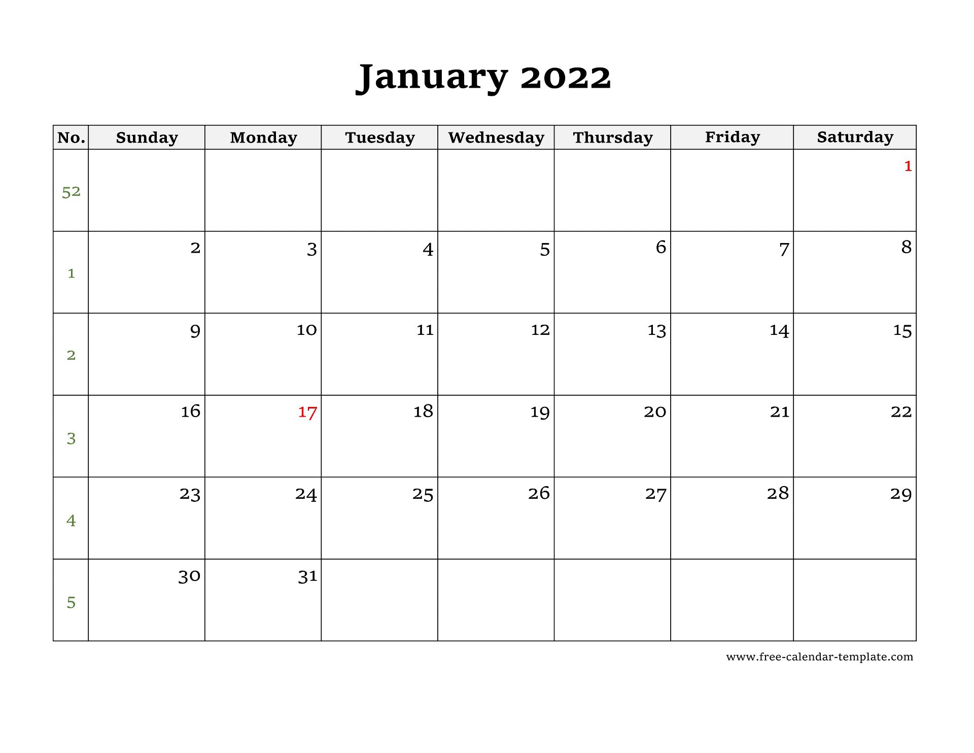 Simple Monthly Calendar 2022 Large Box On Each Day For Notes Free