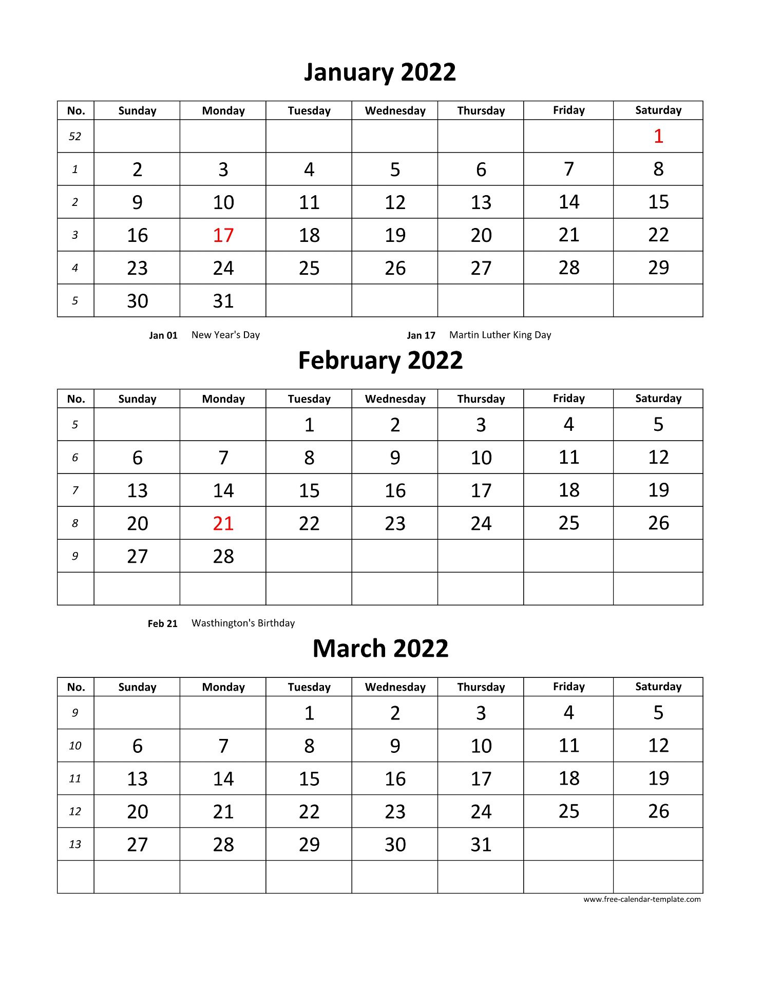 Free Monthly Calendar 2022, 3 Months Per Page (Vertical) | Free-Calendar -Template.com