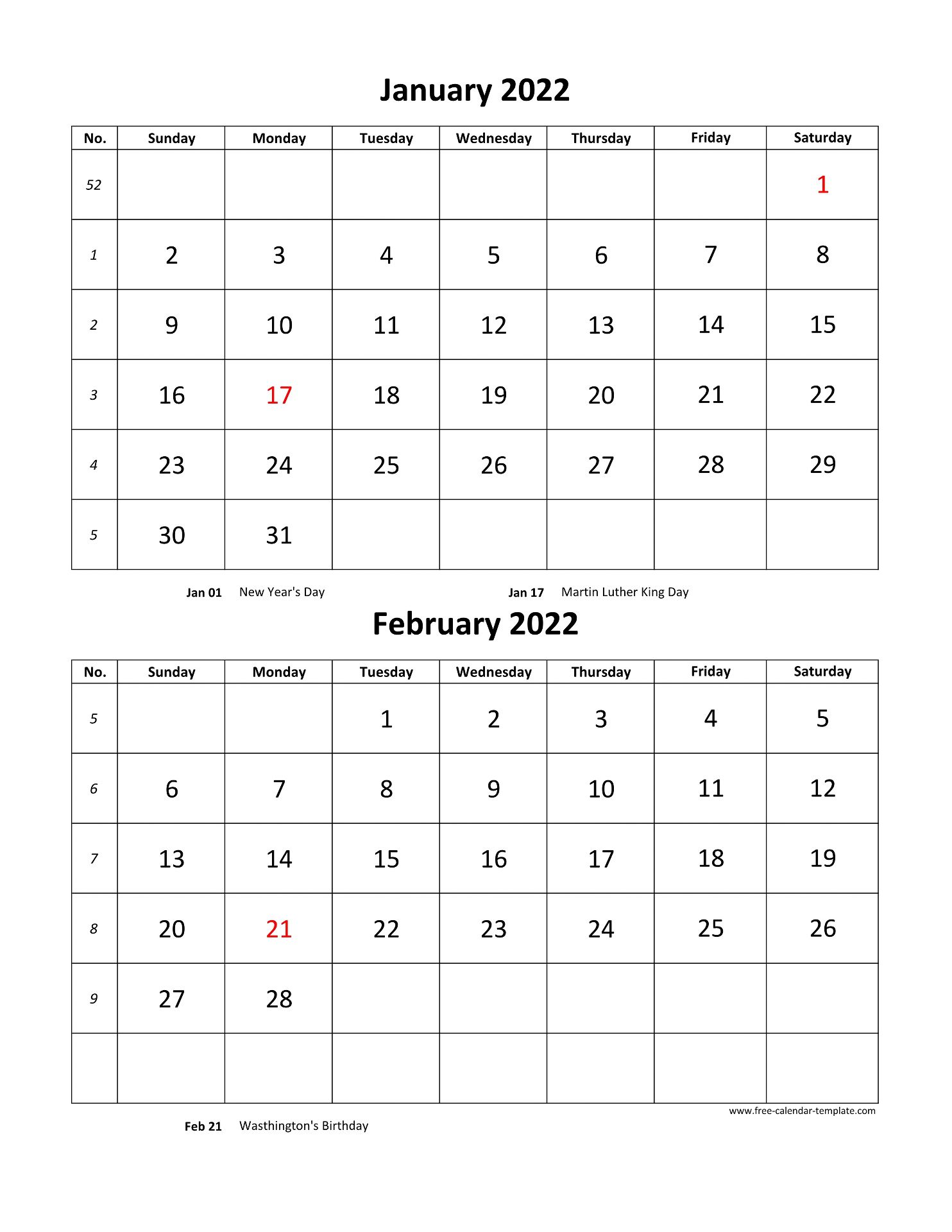 Monthly Calendar 2022, 2 months per page (vertical) | Free-calendar -template.com