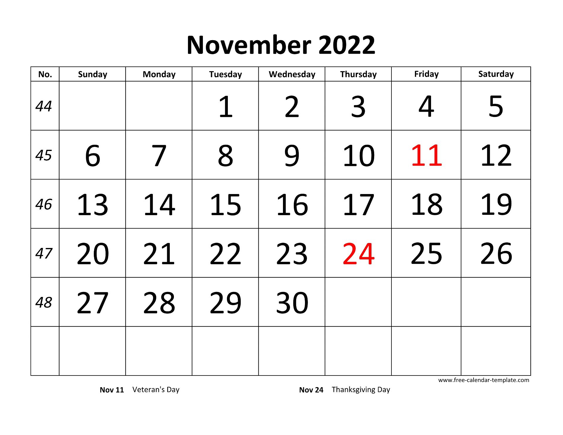 November 2022 Calendar designed with large font (horizontal) Free