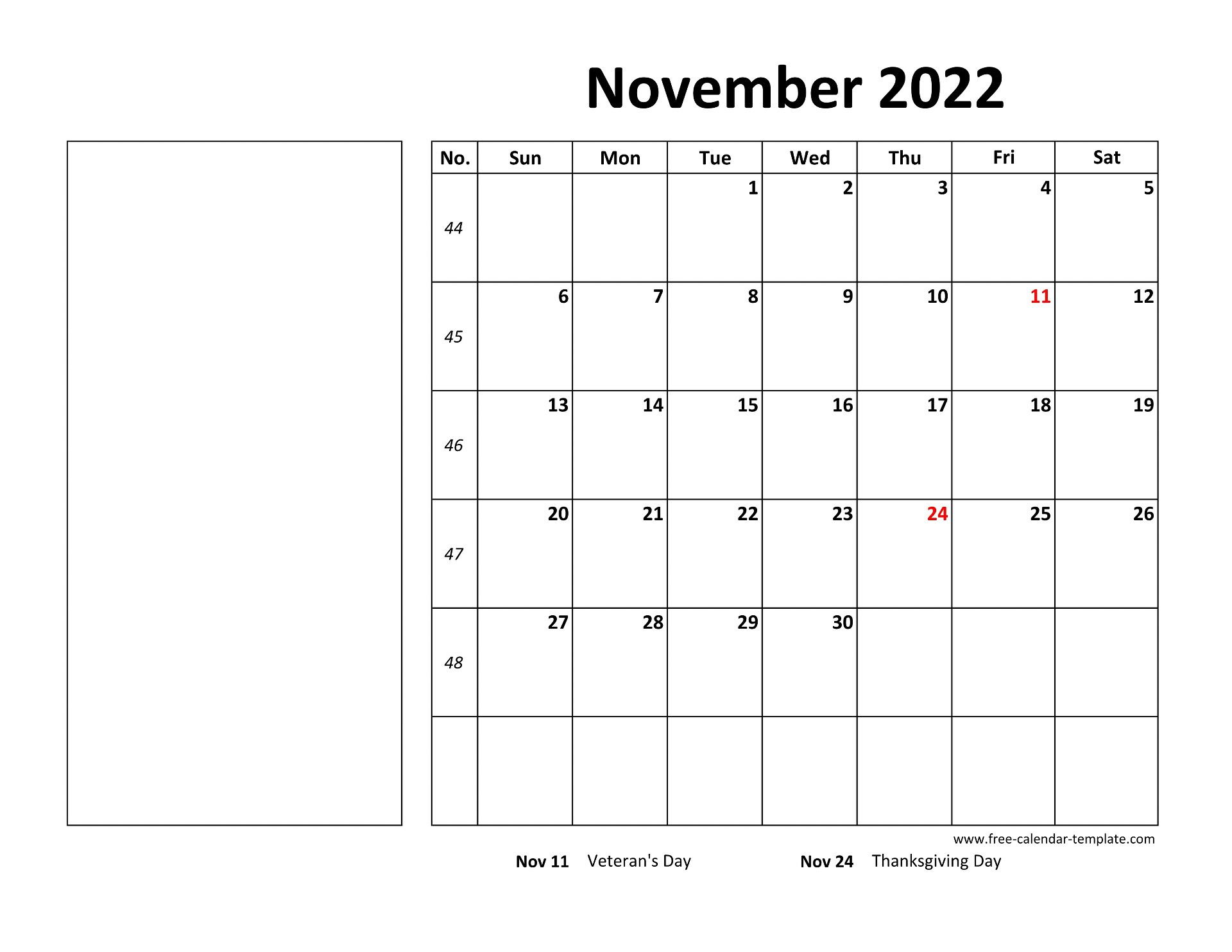 Printable November 2022 Calendar (box and lines for notes) Free