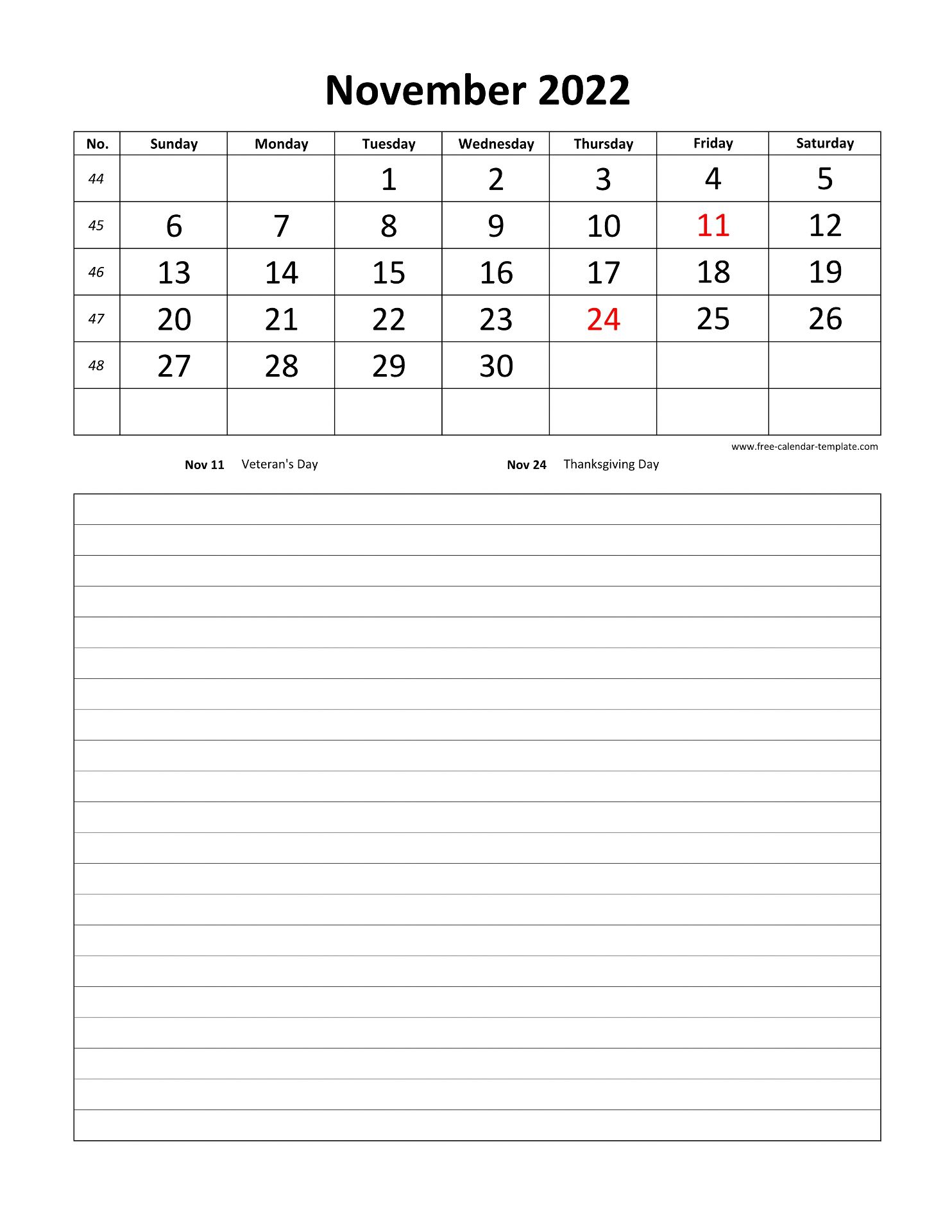 Printable 2022 November Calendar grid lines for daily