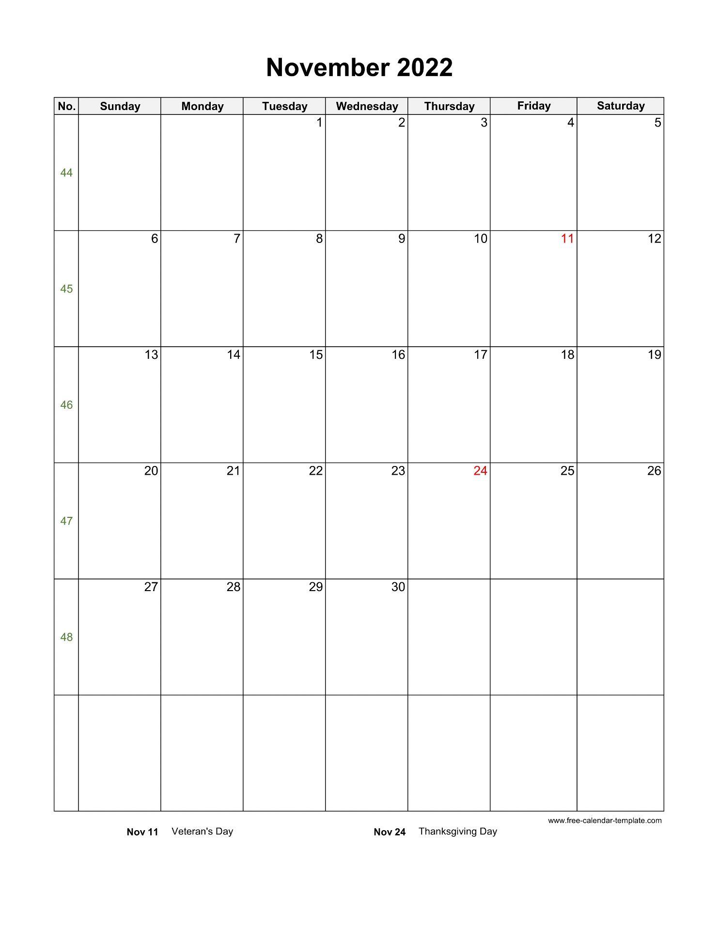 2022 November Calendar Blank Vertical Template Free Calendar