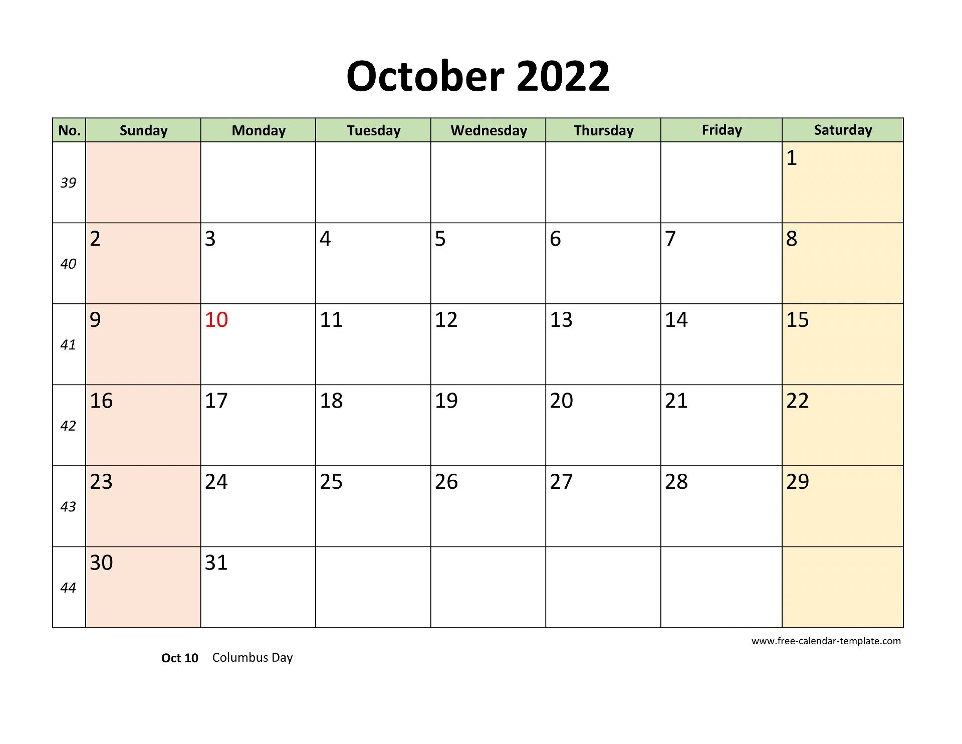 October 2022 Calendar Printable With Coloring On Weekend Horizontal Free Calendar Template Com
