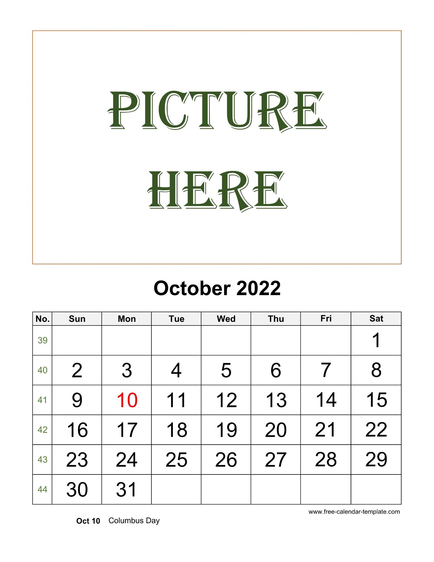 October Printable 2022 Calendar Space For Add Picture Vertical Free Calendar Template Com