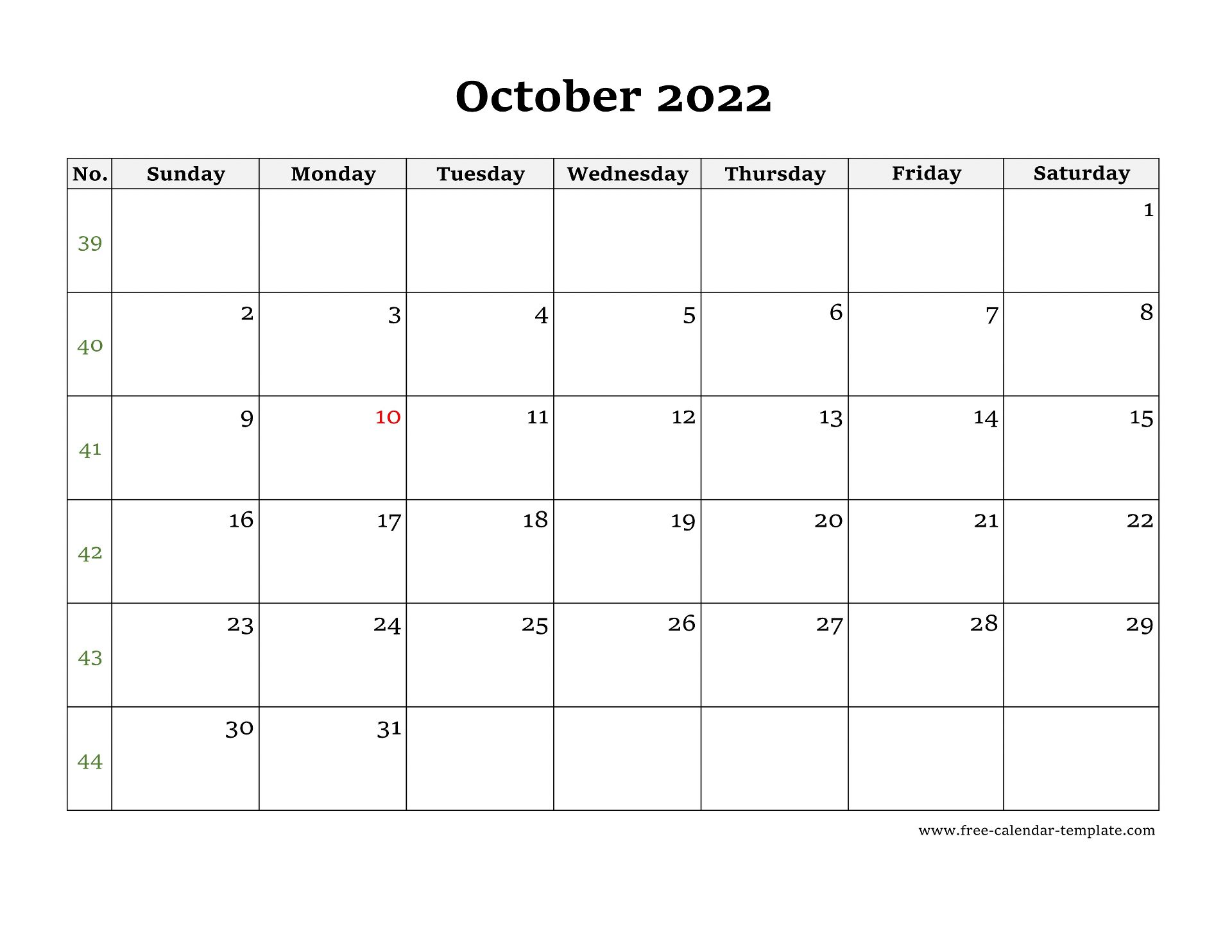 Simple October Calendar 2022 large box on each day for notes. Free