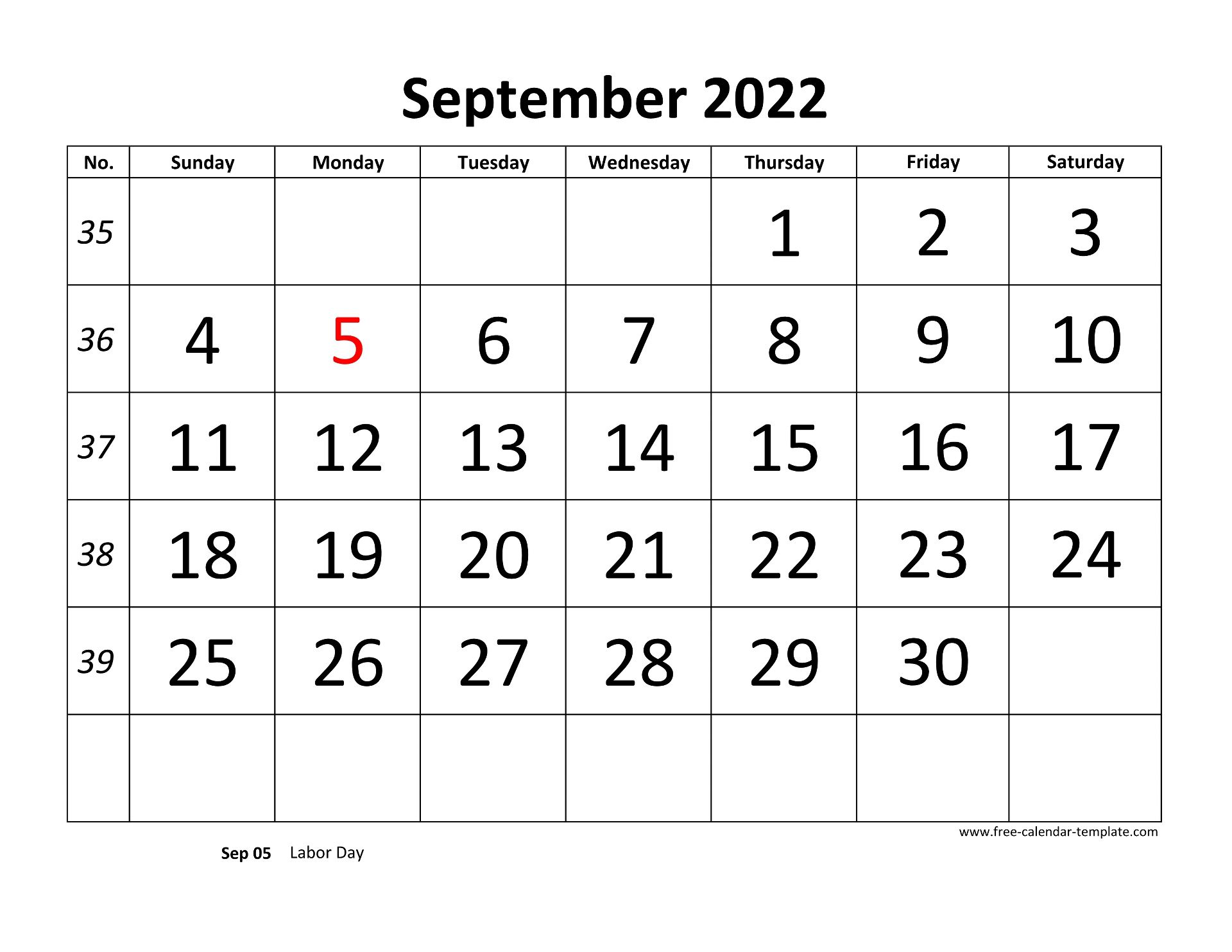 September 2022 Calendar Designed With Large Font horizontal Free