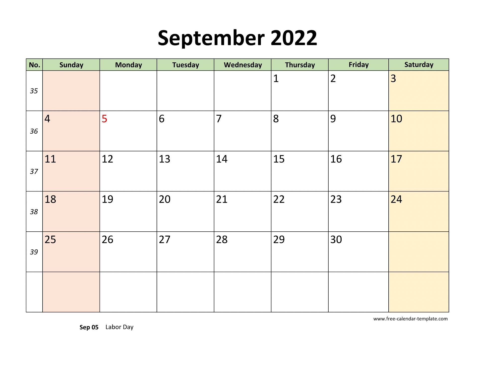 September 2022 Calendar Printable with coloring on weekend (horizontal