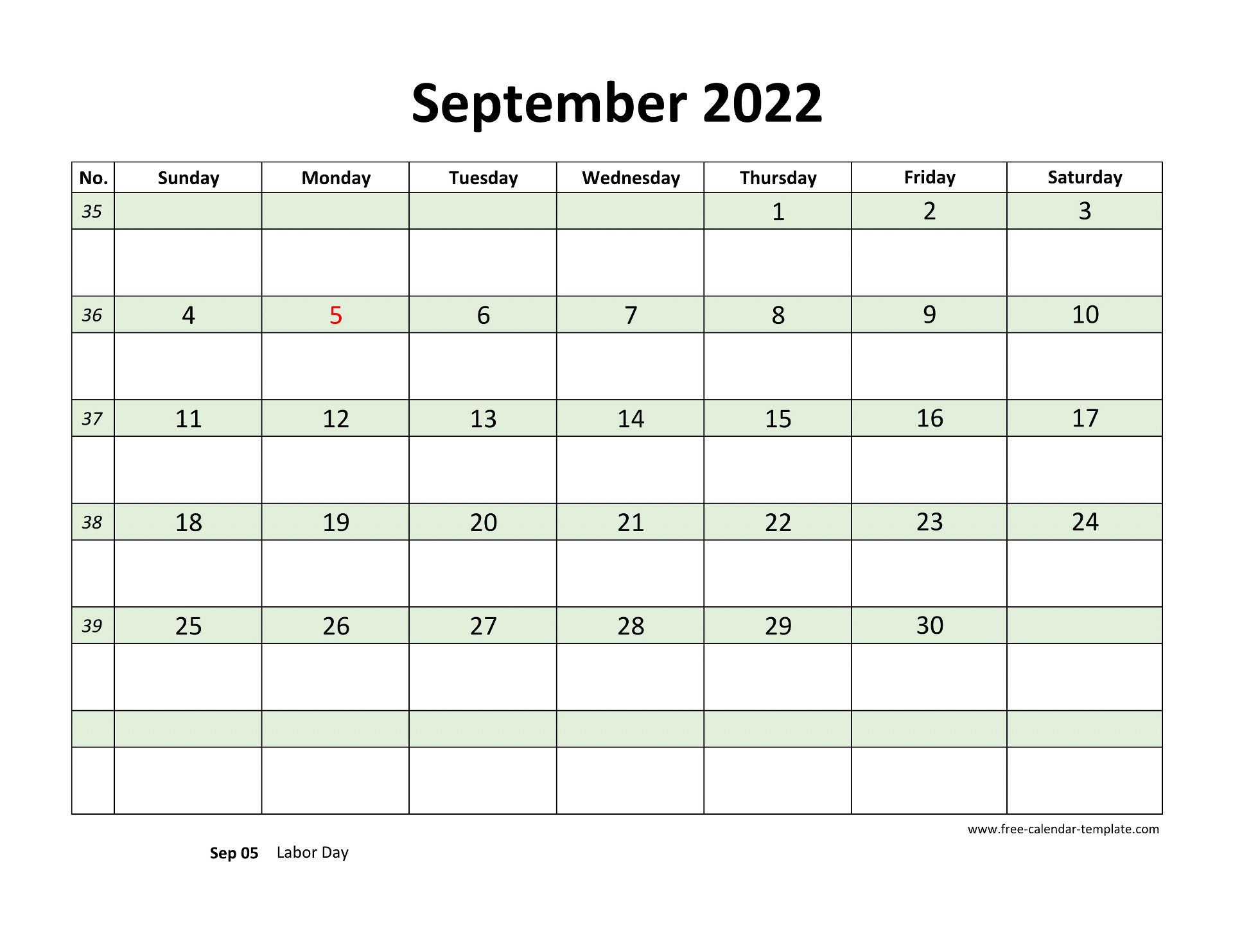 Free September 2022 Calendar Coloring On Each Day Horizontal Free