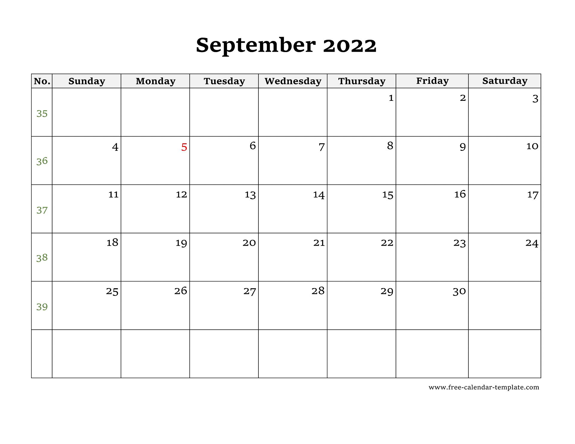 Simple September Calendar 2022 Large Box On Each Day For Notes Free 