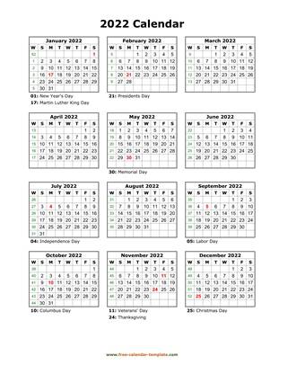 2022 calendar holidays month vertical