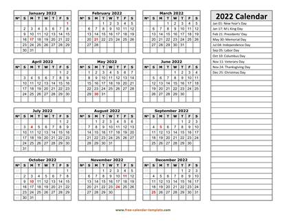 2022 calendar holidays right horizontal