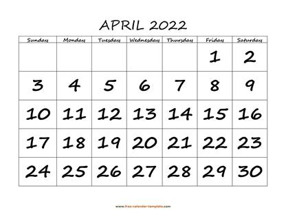 april 2022 calendar bigfont horizontal