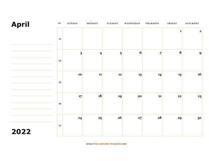 april 2022 calendar boxnotes horizontal