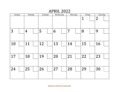 april 2022 calendar checkboxes horizontal
