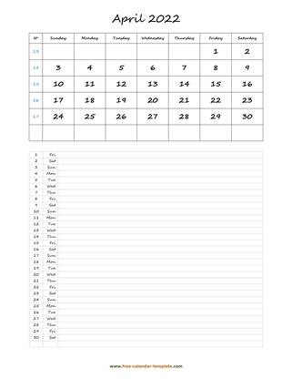 april 2022 calendar daily notes vertical