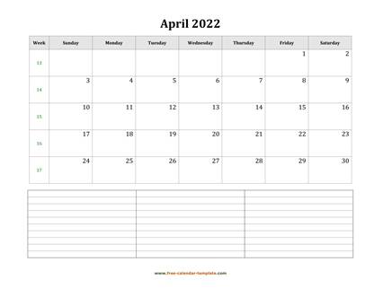 april 2022 calendar notes horizontal