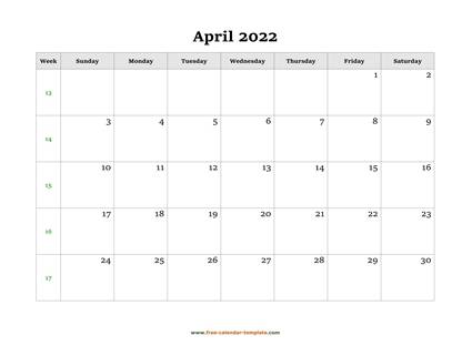 april 2022 calendar simple horizontal